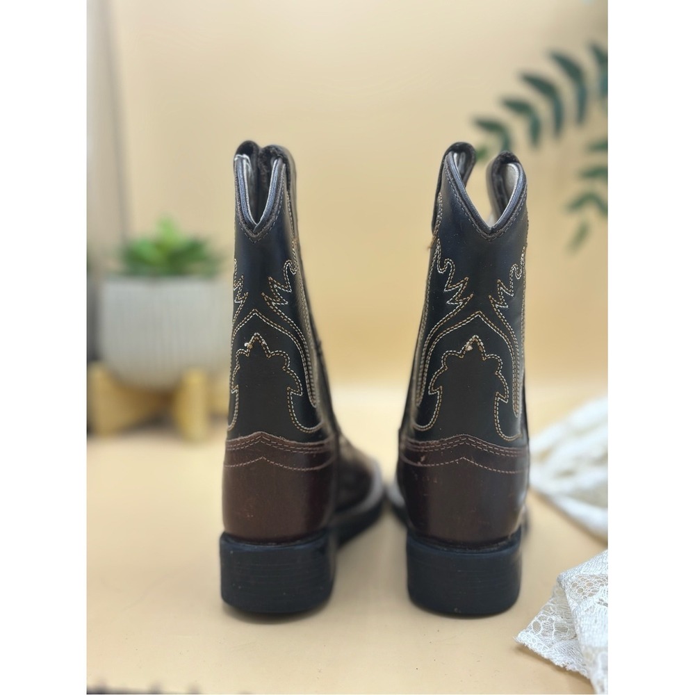 Old West Kids Cowboy Boots Size 4.5 Brown Black Leather Western Square Toe - Picture 3 of 7